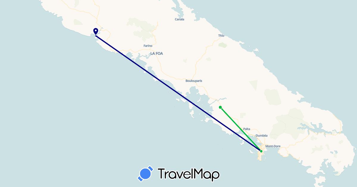 TravelMap itinerary: driving, bus, plane in New Caledonia (Oceania)