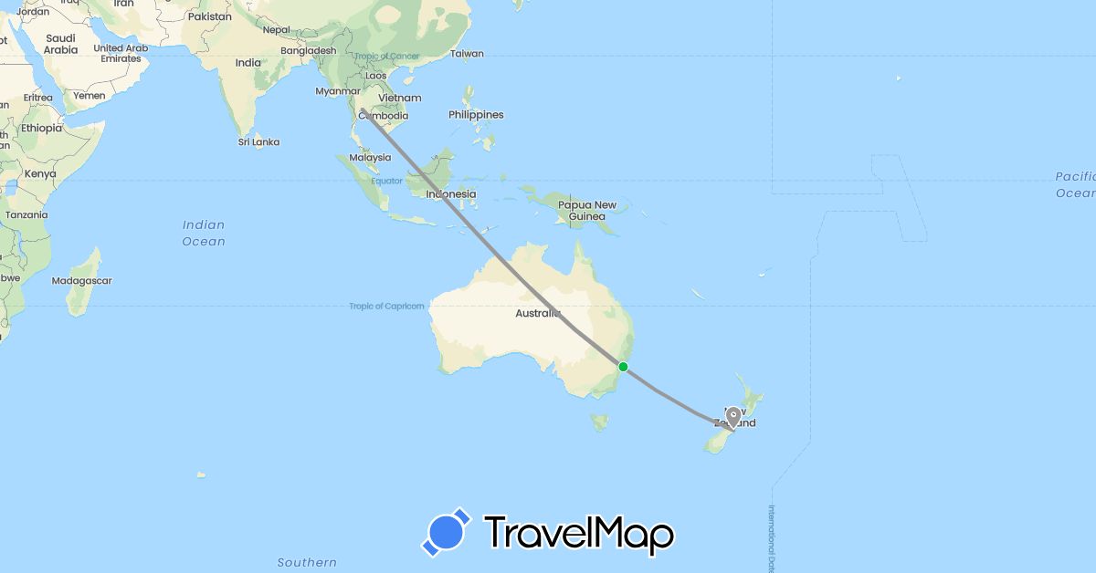 TravelMap itinerary: driving, bus, plane, hiking in Australia, New Zealand, Thailand (Asia, Oceania)