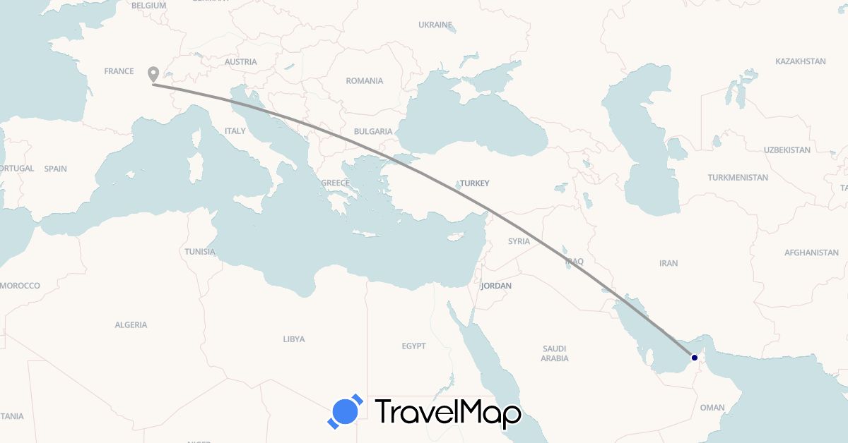 TravelMap itinerary: driving, plane, train in United Arab Emirates, France (Asia, Europe)